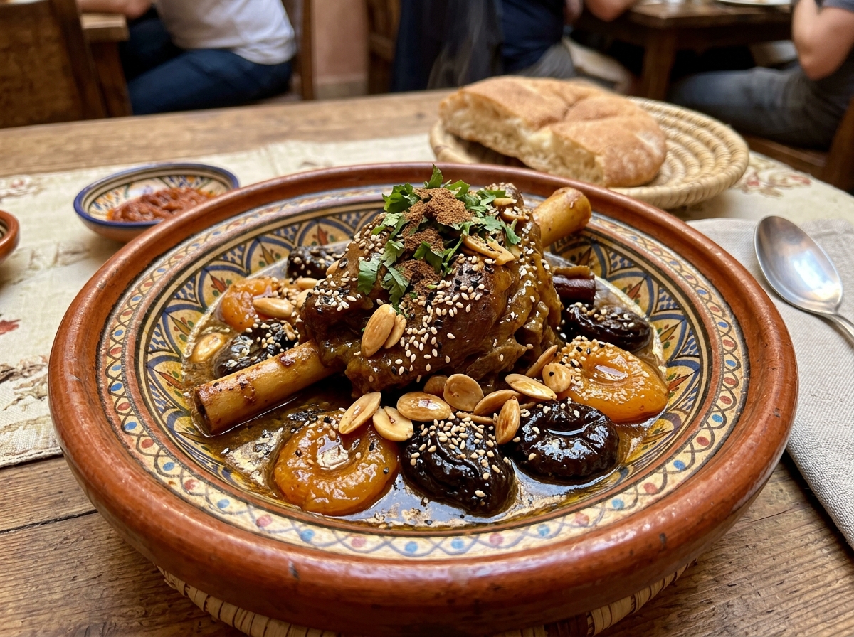 Tajine traditionnel d'agneau aux pruneaux