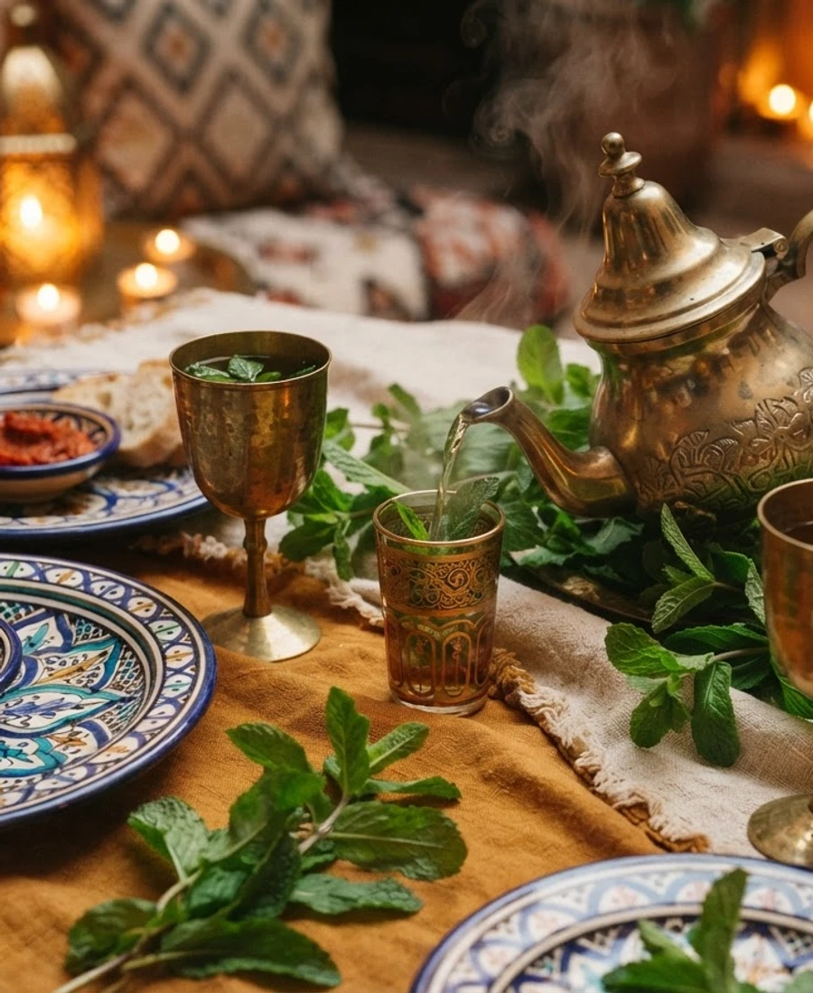 Table dressée avec vaisselle marocaine
